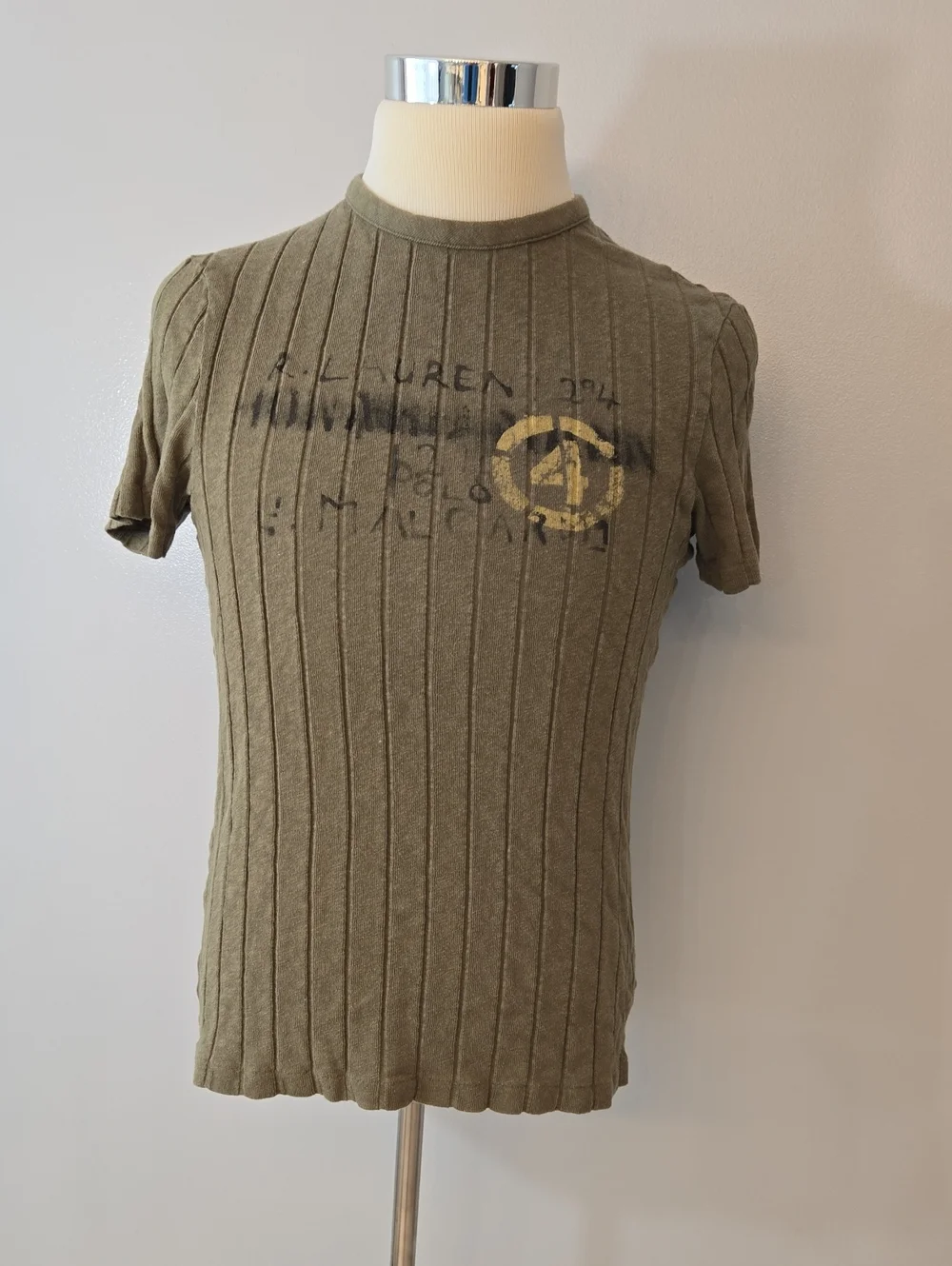 Vintage Polo Ralph Lauren Ribbed Military Stencil T-Shirt Olive Green Large